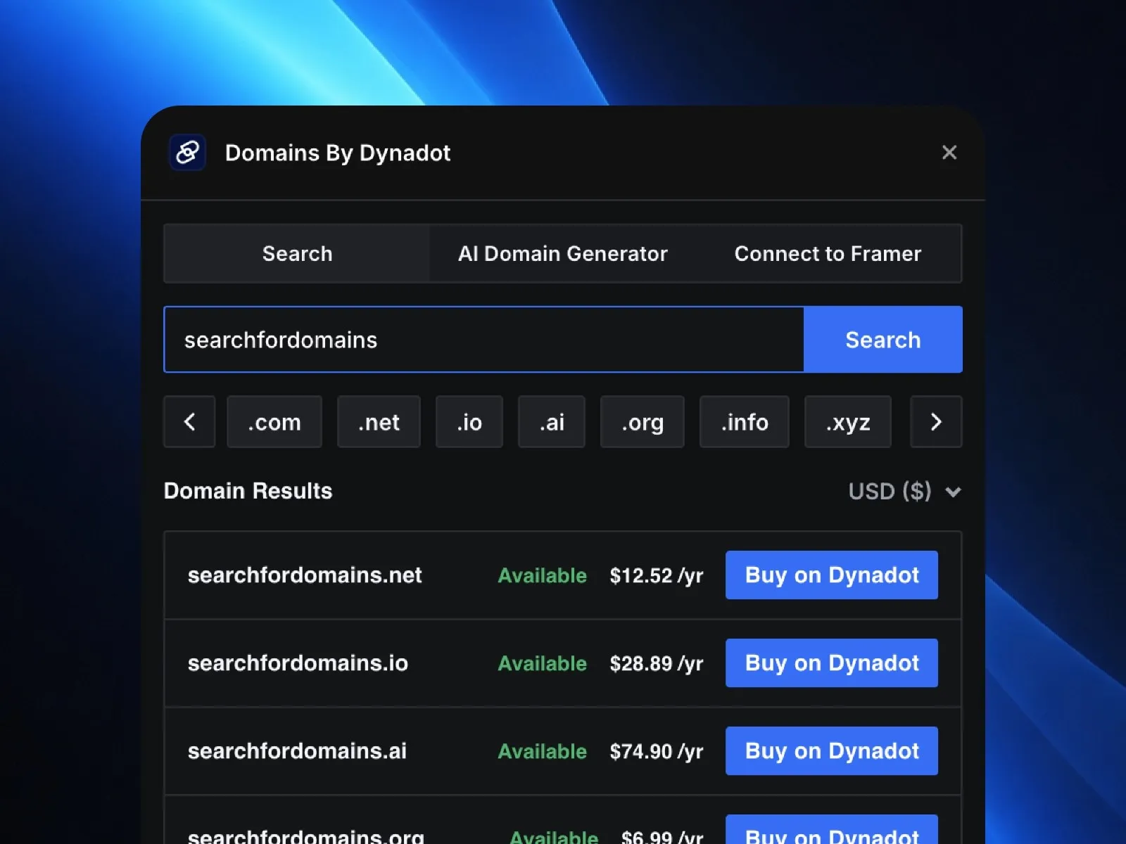 Domain search interface displaying availability and prices.