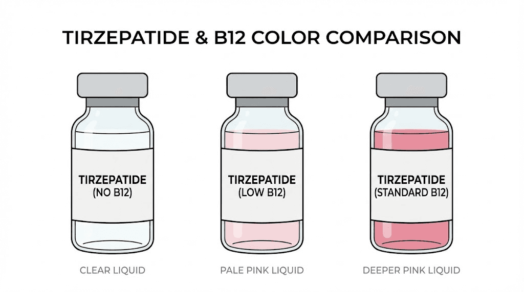 Tirzepatide color comparison with and without B12 showing clear to pink range