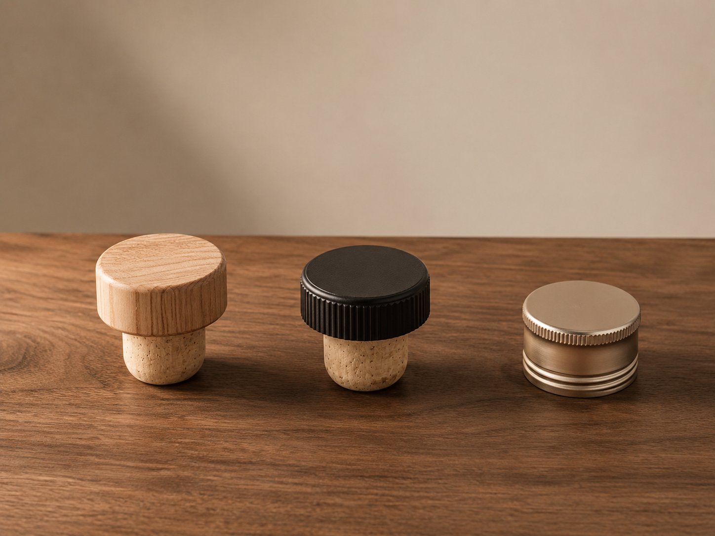 Premium bottle closures: wooden cork stopper, black T-top stopper, and metallic screw cap on wooden surface.