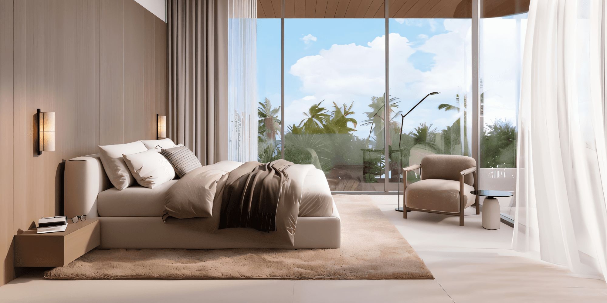 Luxurious apartment building lobby with high ceilings, chic furniture, and a sophisticated ambiance.