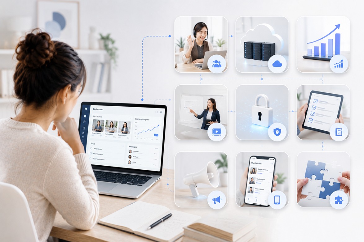 Online learning platform dashboard connected to tools for live classes, infrastructure, analytics, security, and mobile access.