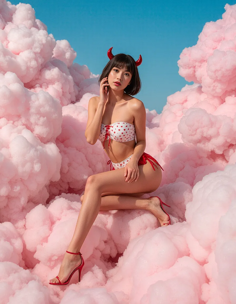 Fashion concept featuring red and white lingerie set against a dreamlike backdrop of fluffy pink clouds and bright blue sky