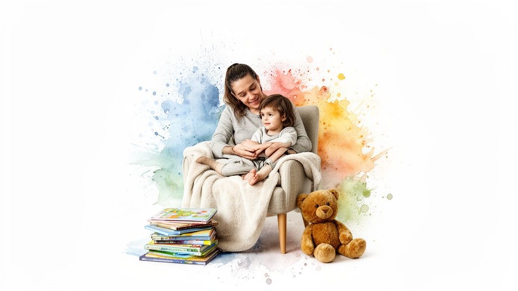 A loving mother and child read books in a cozy chair with a teddy bear.