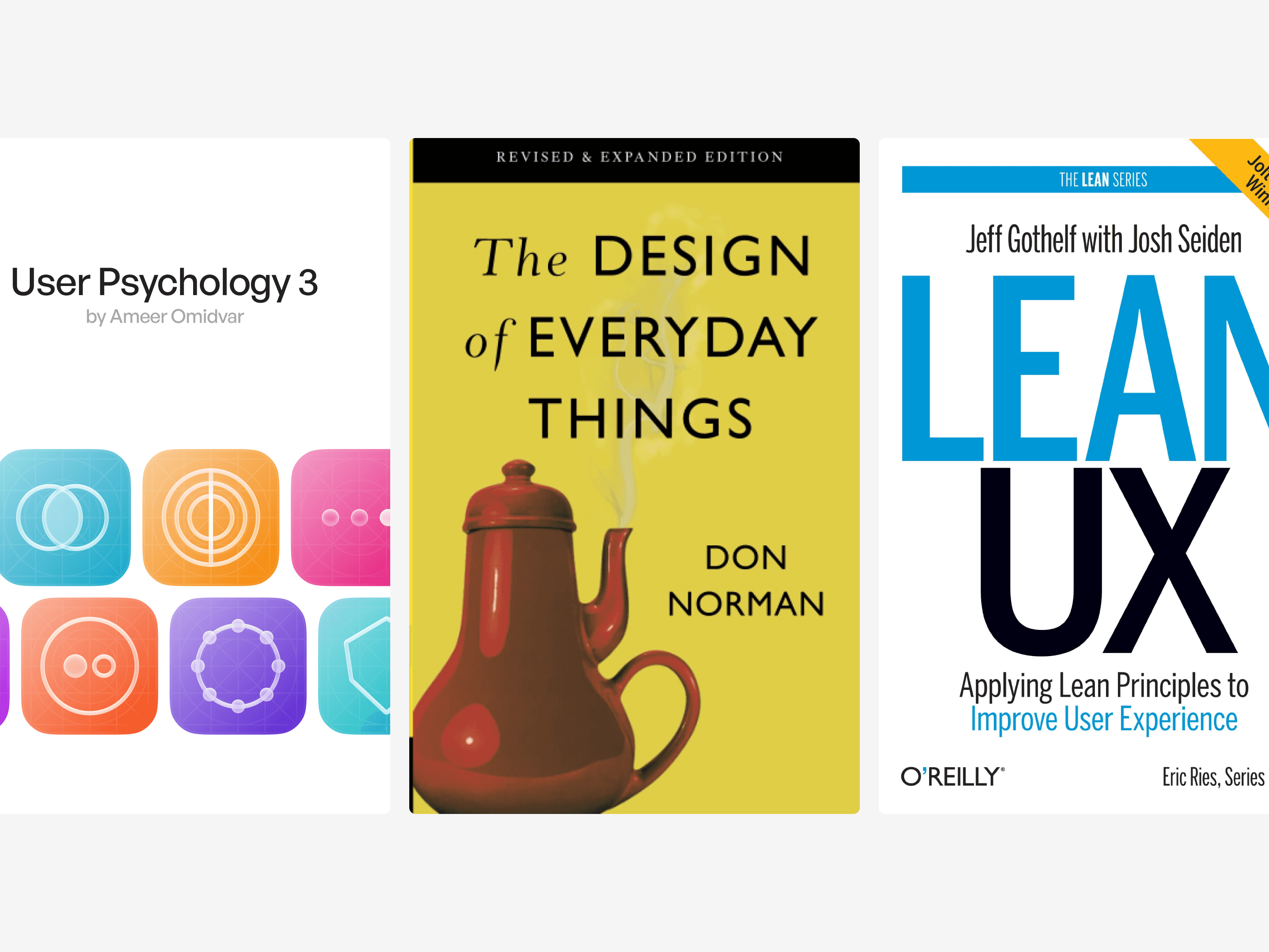 UX design book covers including Design of everyday things, User psychology 3 and Lean UX