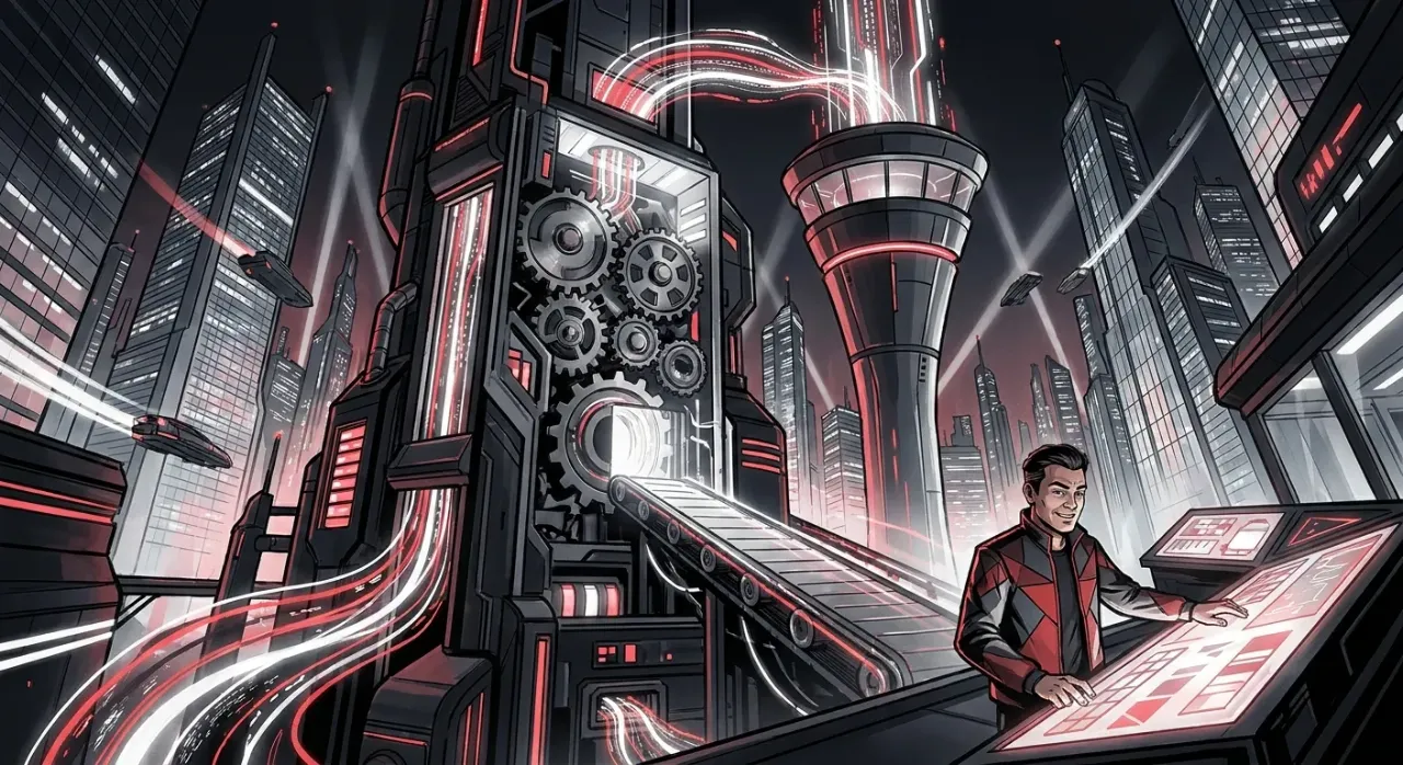 Futuristic cityscape with a man at a control panel; RockN' Socials Digital Marketing Agency.
