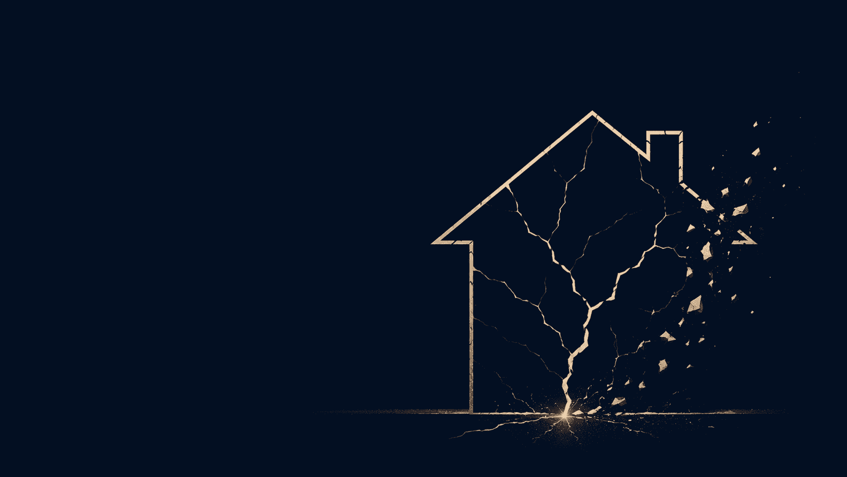 A cracking house outline with a single ember at its base on a navy background, representing a failing business built on unsustainable growth.