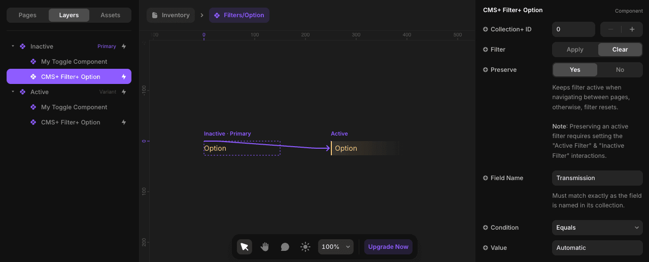 Example toggle component with CMS Plus Filter+ Option showing the primary variant set to clear the filter.