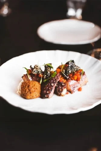 Grilled Octopus and vegetables elegantly plated with garnish