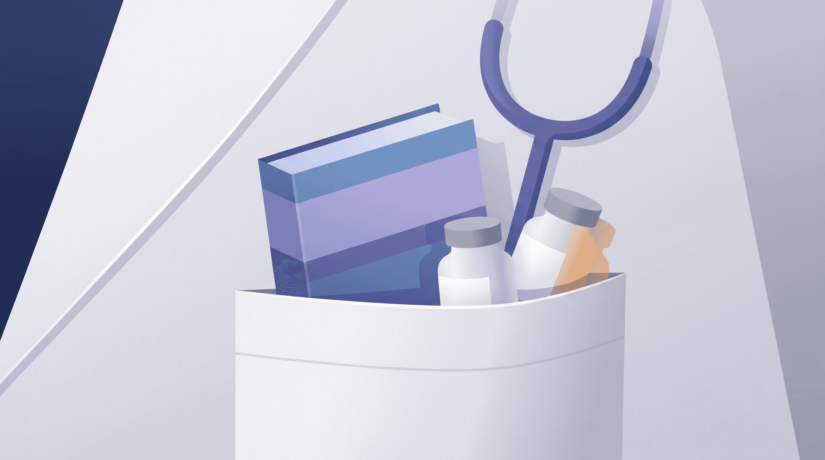 White coat pocket with drug guide and medication vials
