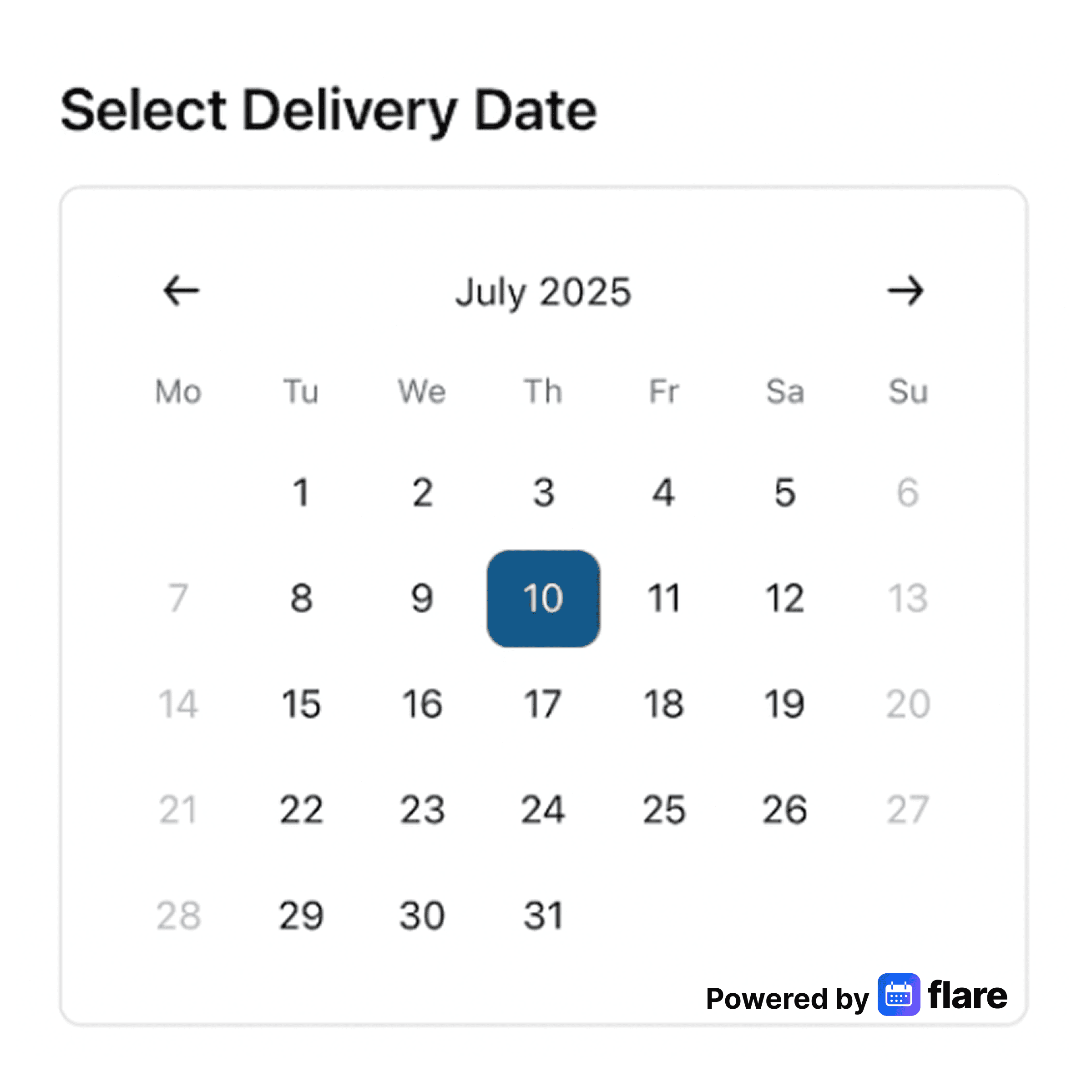 Screenshot of adding a delivery date calendar widget in Flare