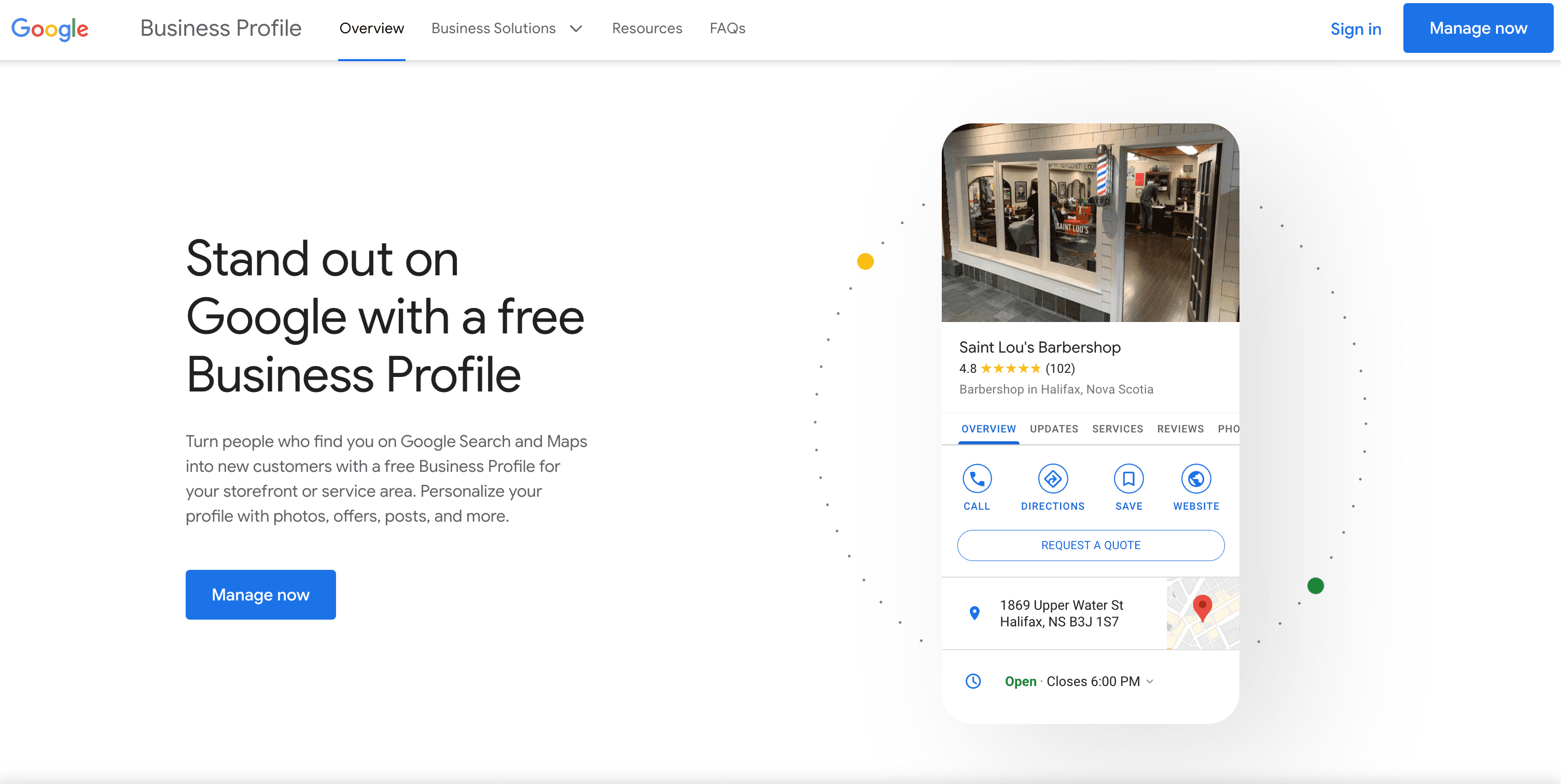 Google Business Profile marketing page showing a sample business listing
