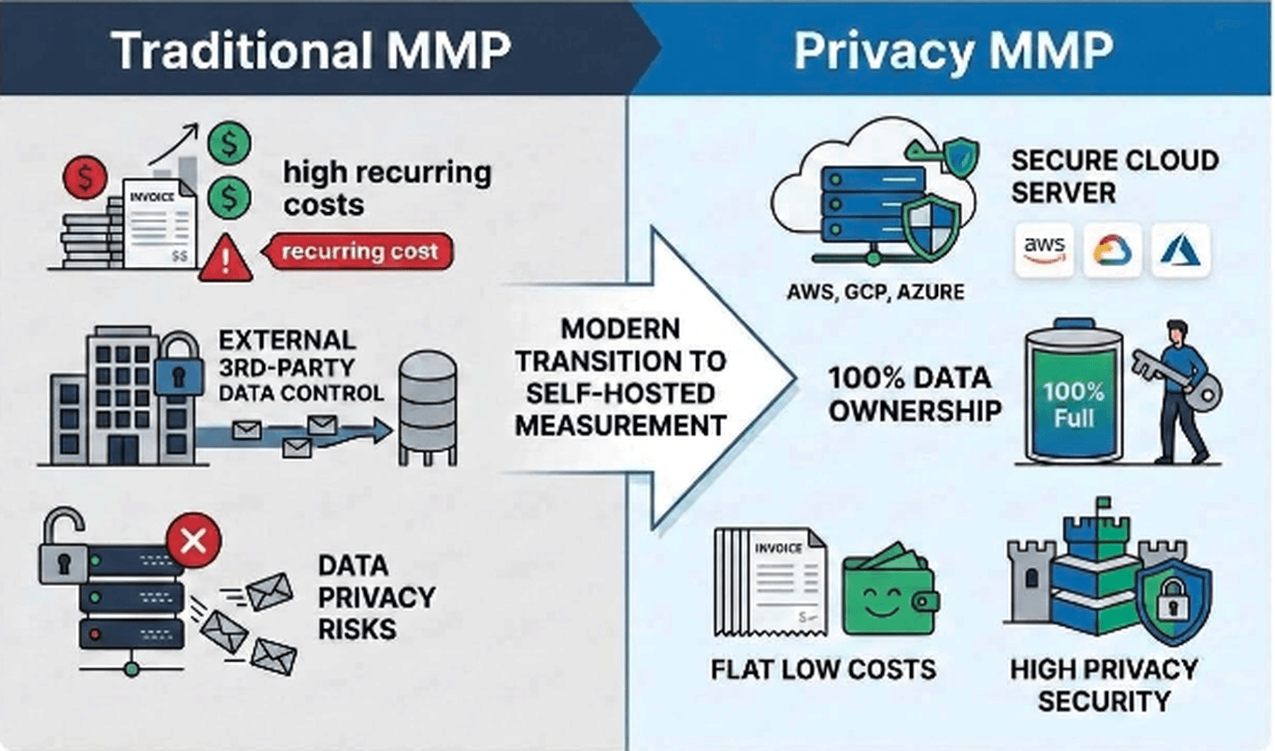 The selected image is a side-by-side comparison infographic contrasting Traditional MMPs with Privacy MMP: Traditional MMP (Left Side): Highlighted with high recurring costs (symbolized by rising invoices and warning icons), external third-party data control, and data privacy risks represented by locked mail envelopes and warning symbols. Privacy MMP (Right Side): Illustrated with a secure cloud server (AWS, GCP, Azure), 100% data ownership (represented by a full data storage container and keys), flat low costs, and high privacy security. Transition: A central arrow points from the traditional model to the modern self-hosted measurement solution.