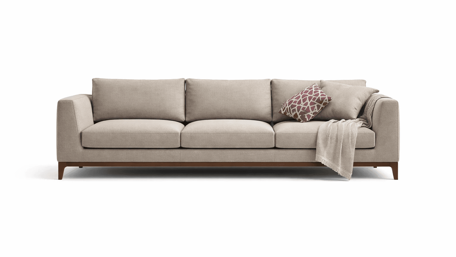 Neutral fabric seating with straight cushions and low wooden base