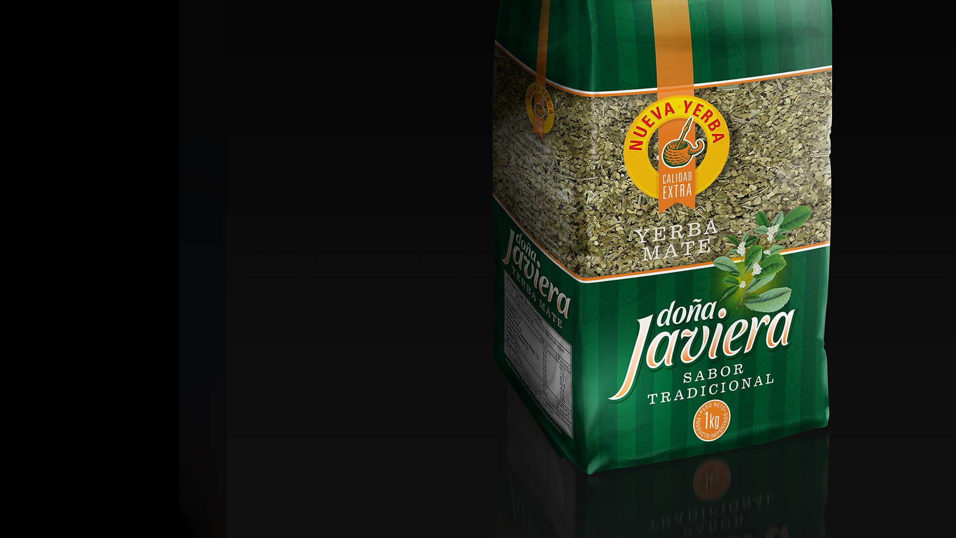 A pack of Doña Javiera Yerba Mate with a green striped design, showcasing leaves and a seal indicating "Calidad Extra." The packaging conveys tradition.