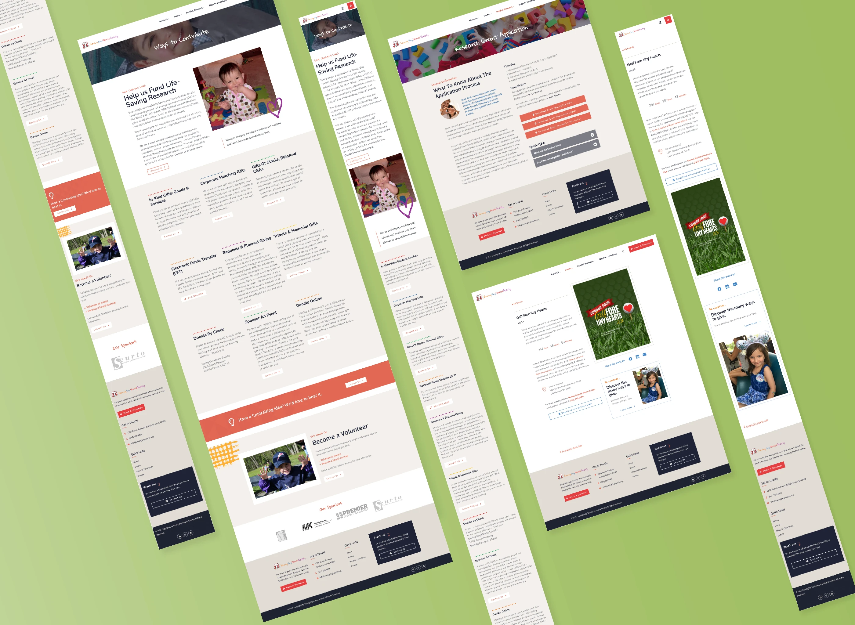 Display of Saving Tiny Hearts Society web pages for contribution options and fundraising events.