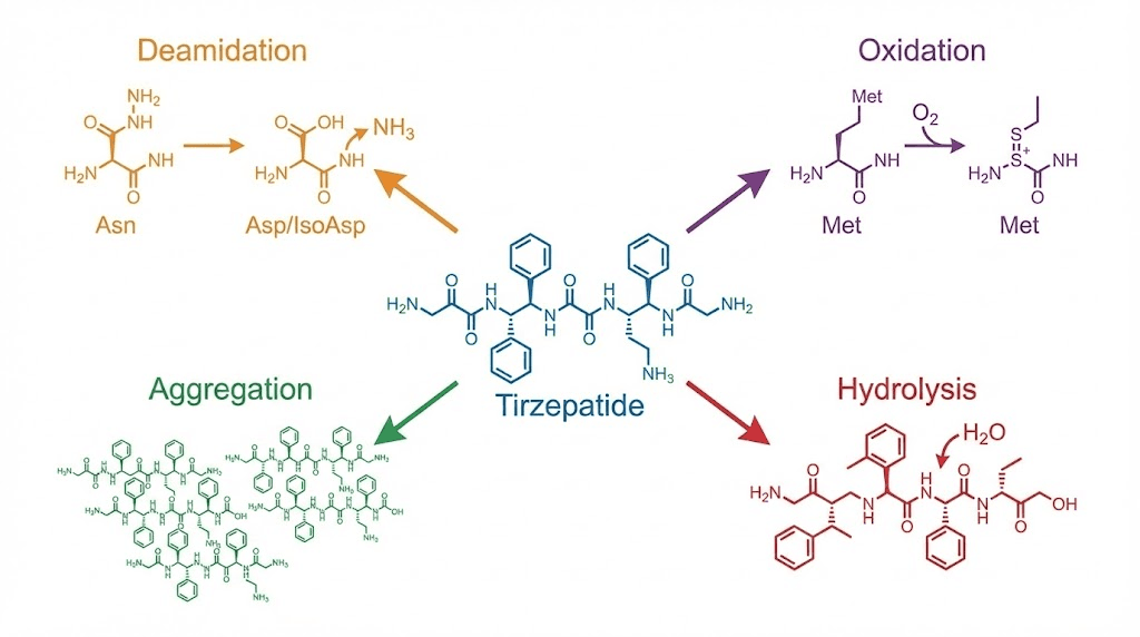 Four molecular degradation pathways of expired tirzepatide peptide