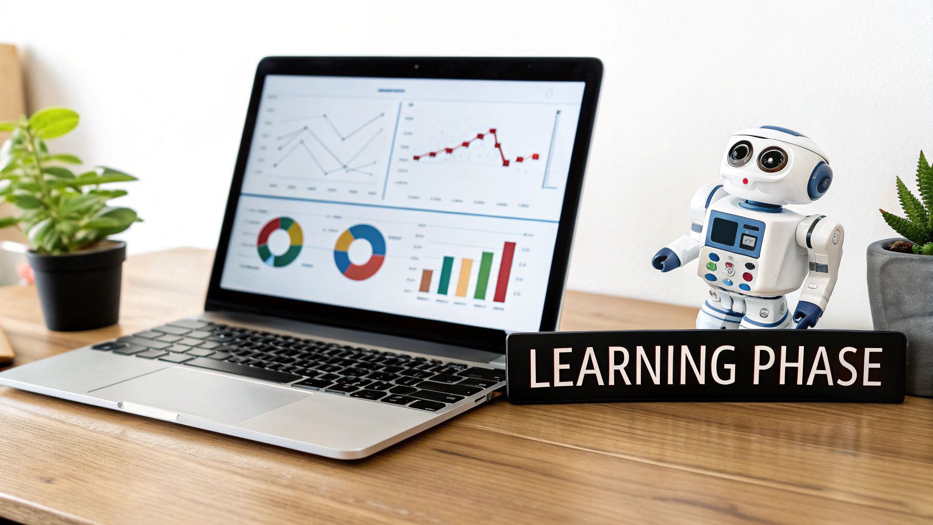 A laptop displaying data charts, a small robot, and a 