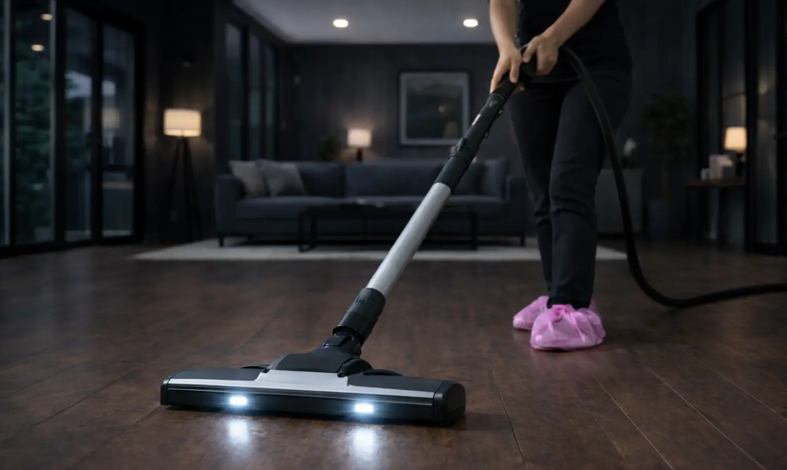 Professional house cleaner wearing protective shoe covers while vacuuming dark hardwood floors in a modern, spotless living room.