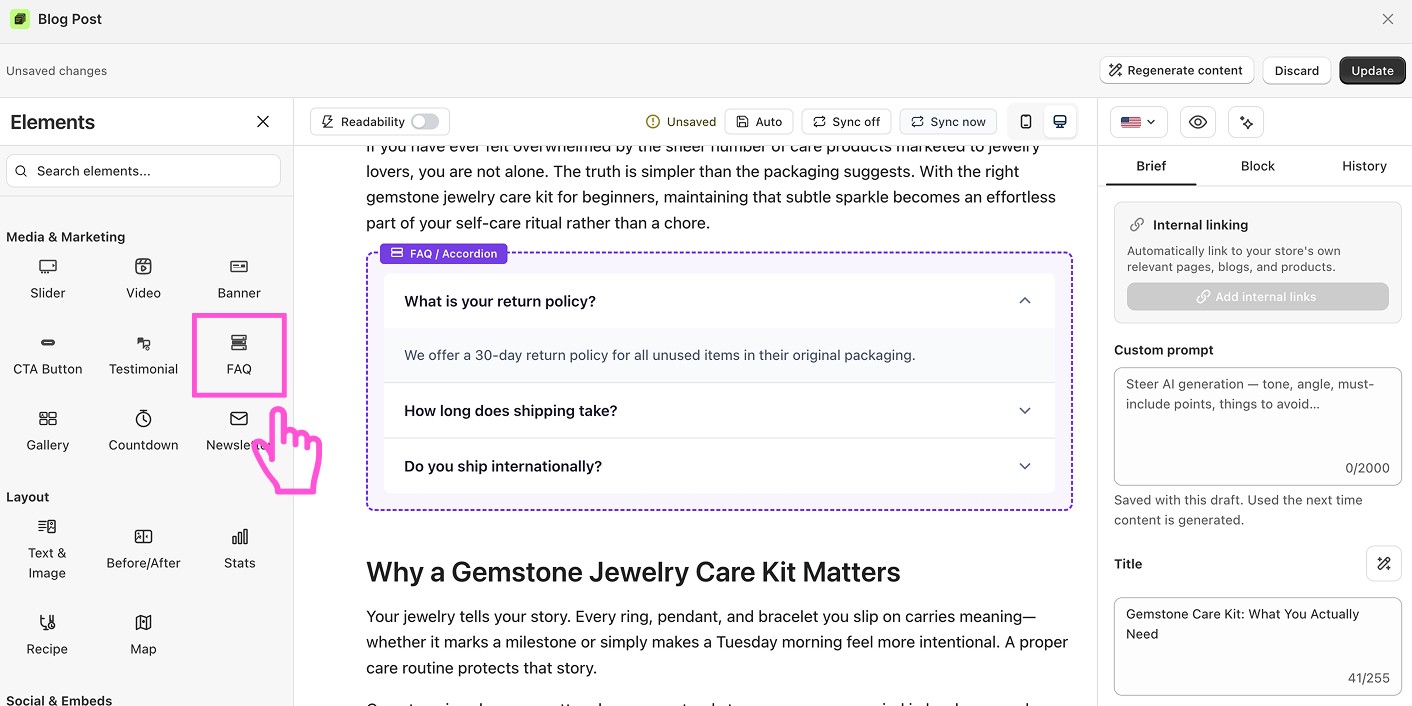 How to add an accordion FAQ section to a blog post in Shopify?