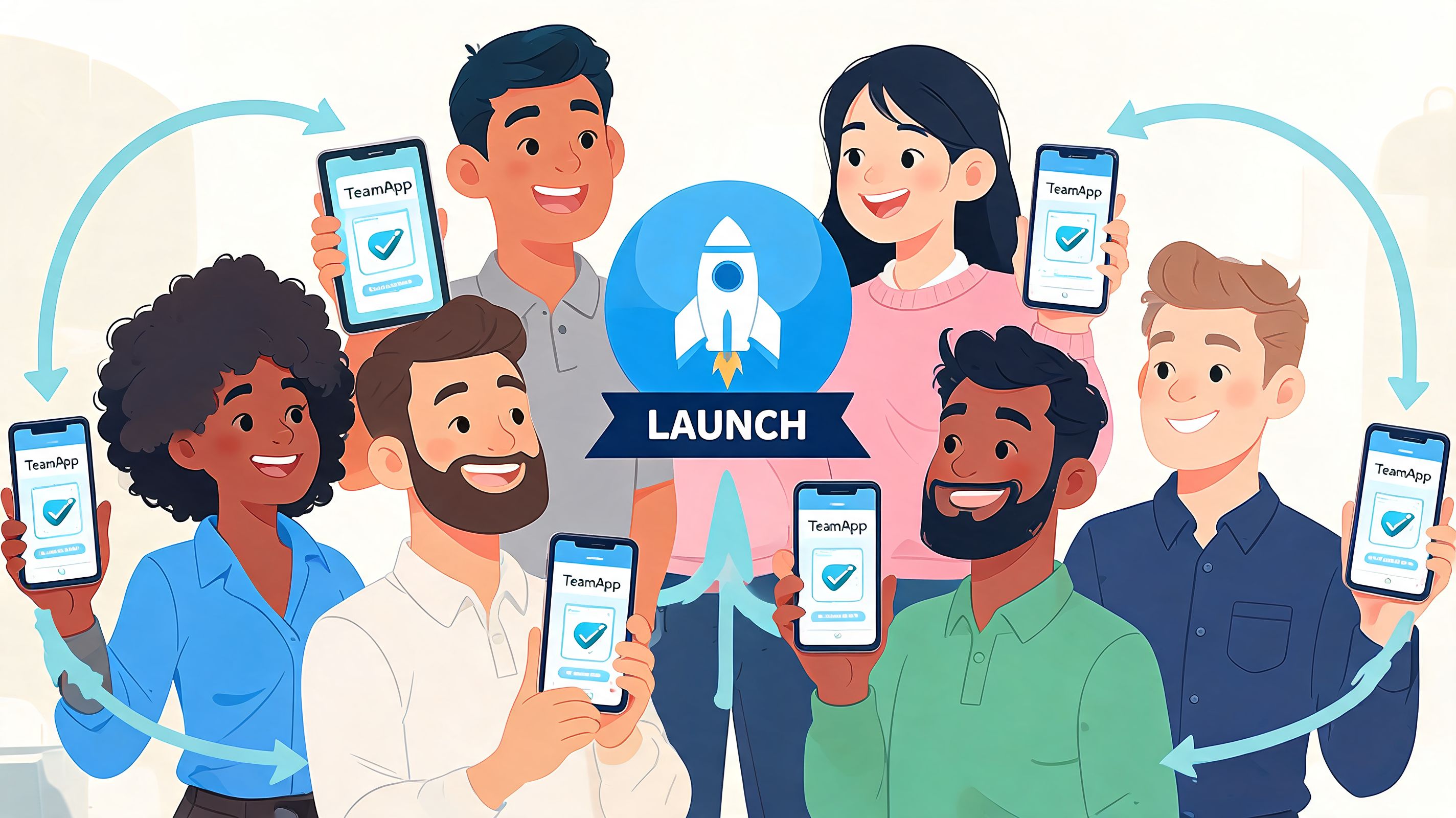 A diverse group of happy professionals holding up smartphones displaying the TeamApp logo, symbolizing a successful team launch.