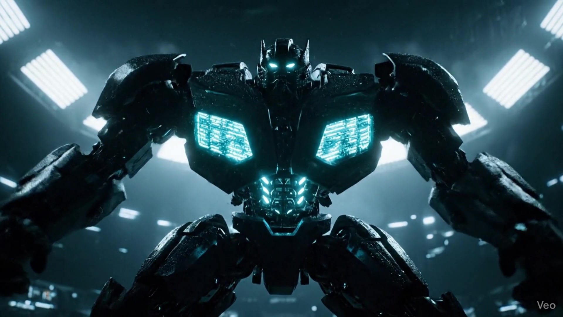 A cinematic AI-generated video thumbnail by Mahendra R capturing the climax of a car-to-robot transformation, featuring a massive, dark metallic mechanical warrior with glowing blue chest panels and eyes standing in a futuristic hangar.