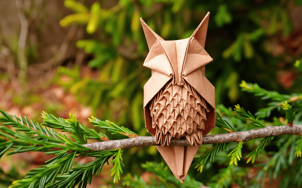 An origami figure, resembling an owl, perched on a slender branch. The owl is crafted from a brown paper and is intricately designed with detailed feather patterns. The branch it sits on is adorned with vibrant green needles, suggesting it might be a type of evergreen tree. The background is a blurred mix of greenery, hinting at a forest or wooded area.