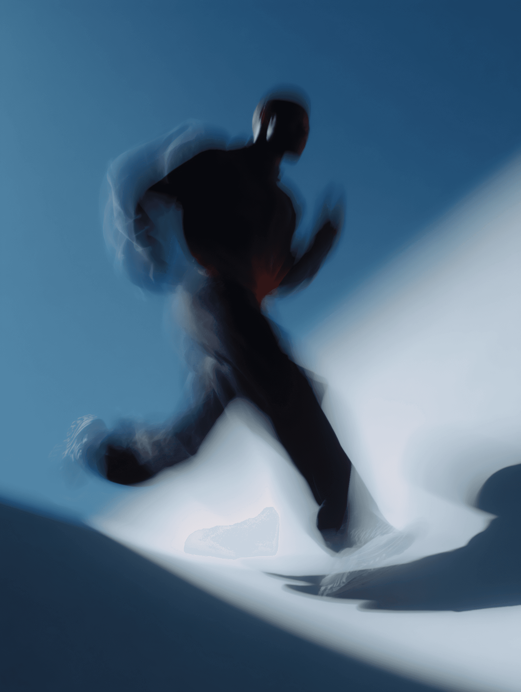 Person running through snow with motion blur against a blue sky, captured with slow shutter speed