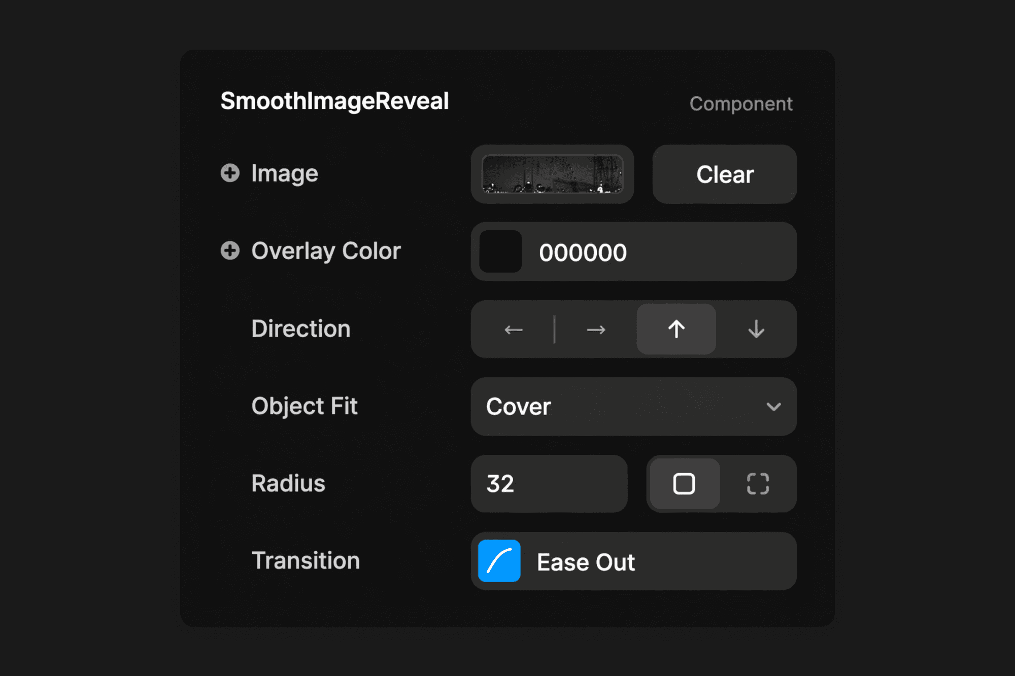 Screenshot of property controls for Smooth Image Reveal Component
