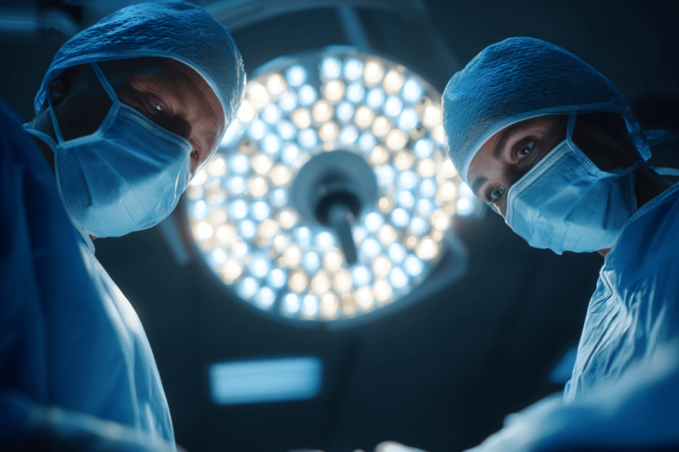 Two surgeons in masks and scrubs focus intensely under bright operating room lights, highlighting a serious and focused medical atmosphere.