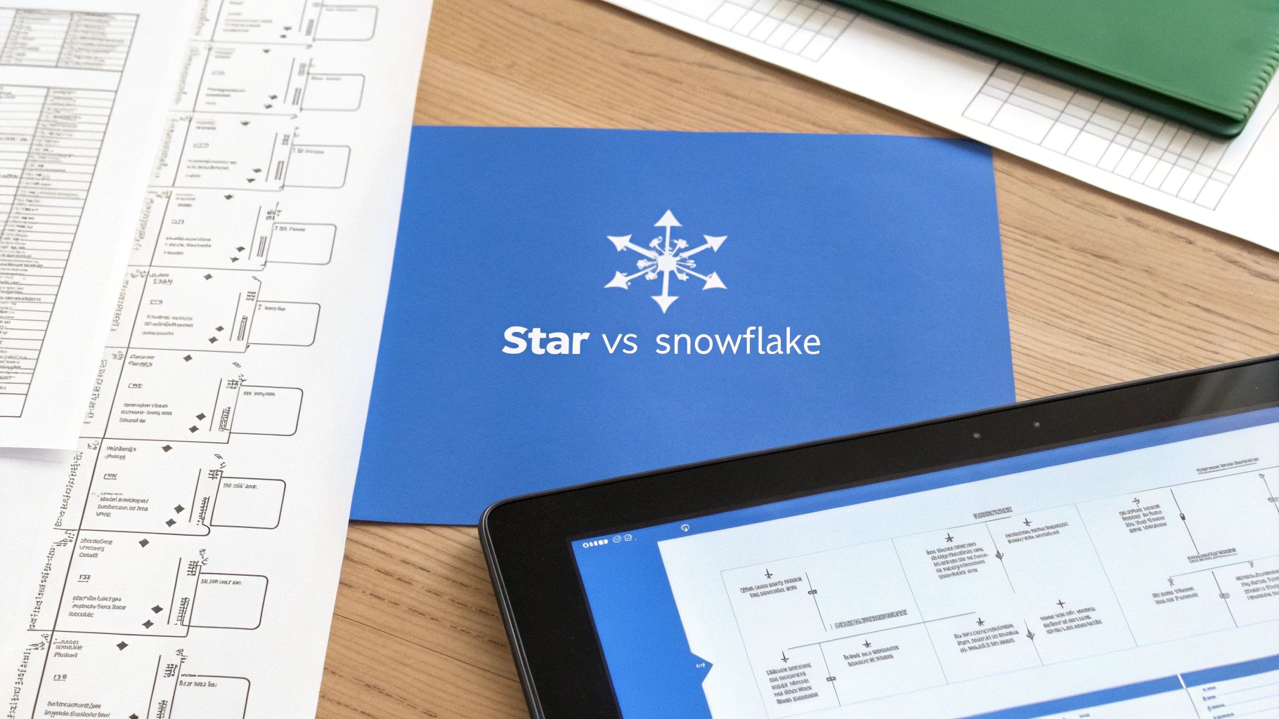 A blue card with 'Star vs snowflake' on a wooden desk, surrounded by data model diagrams and a tablet.