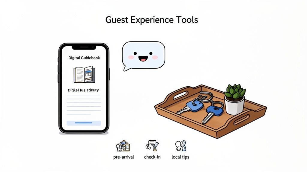 Digital tools and physical items for enhancing guest experience, including a phone, keys, and service icons.