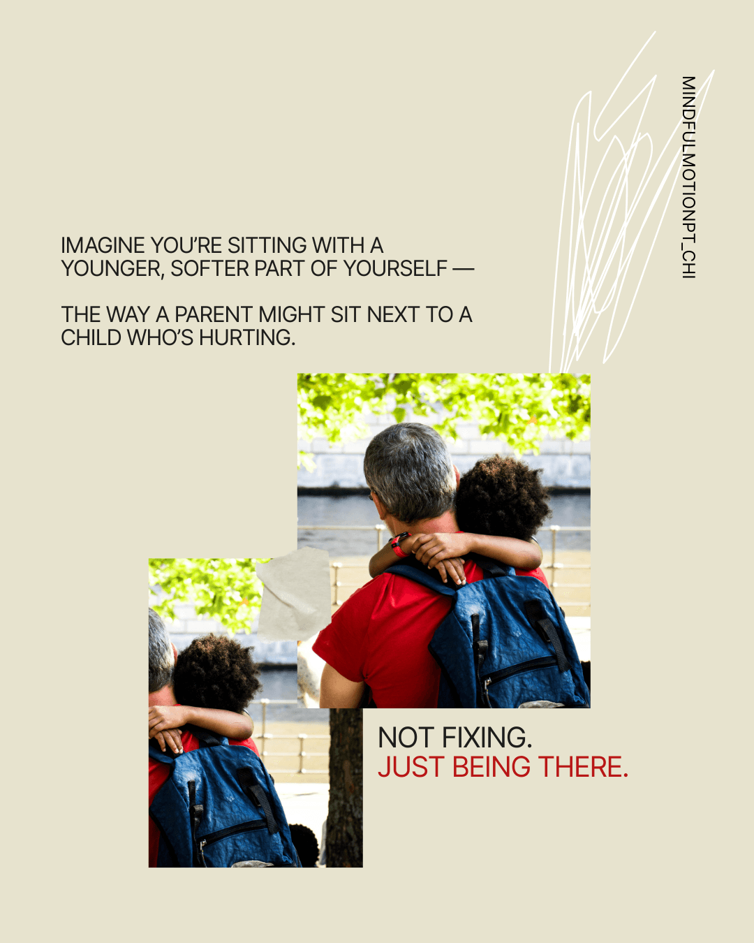 A parent embraces a child while sitting together outdoors, used to illustrate mindfulness and tending to the younger, hurting parts within yourself with presence instead of fixing.