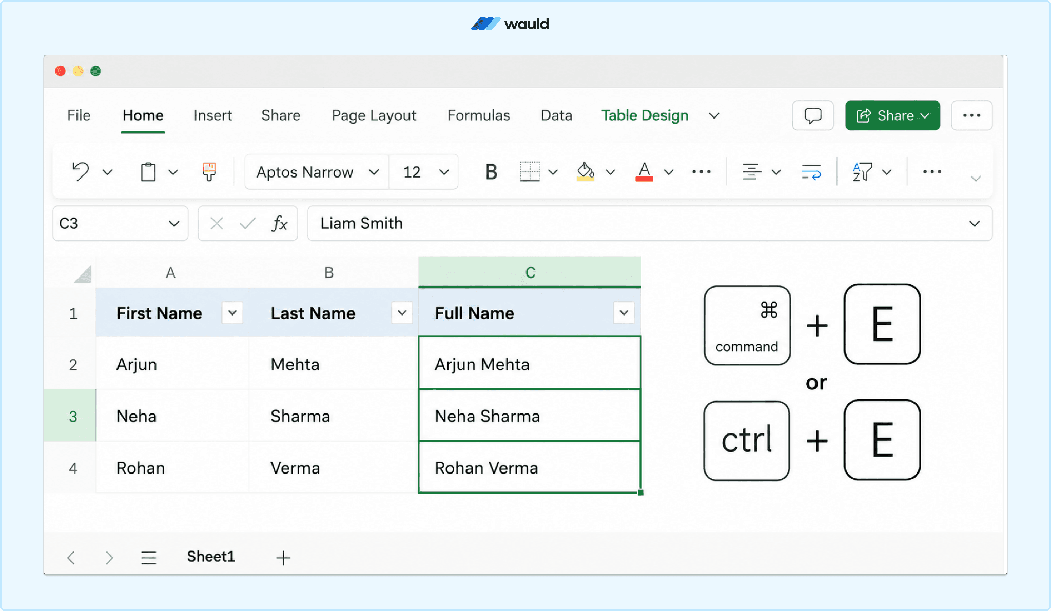 Screenshot of an Excel worksheet showing first and last names combined into a Full Name column using Flash Fill. The completed names are automatically filled after entering the first result, with the keyboard shortcuts Command + E and Ctrl + E displayed to the right. The Wauld logo appears at the top of the image.