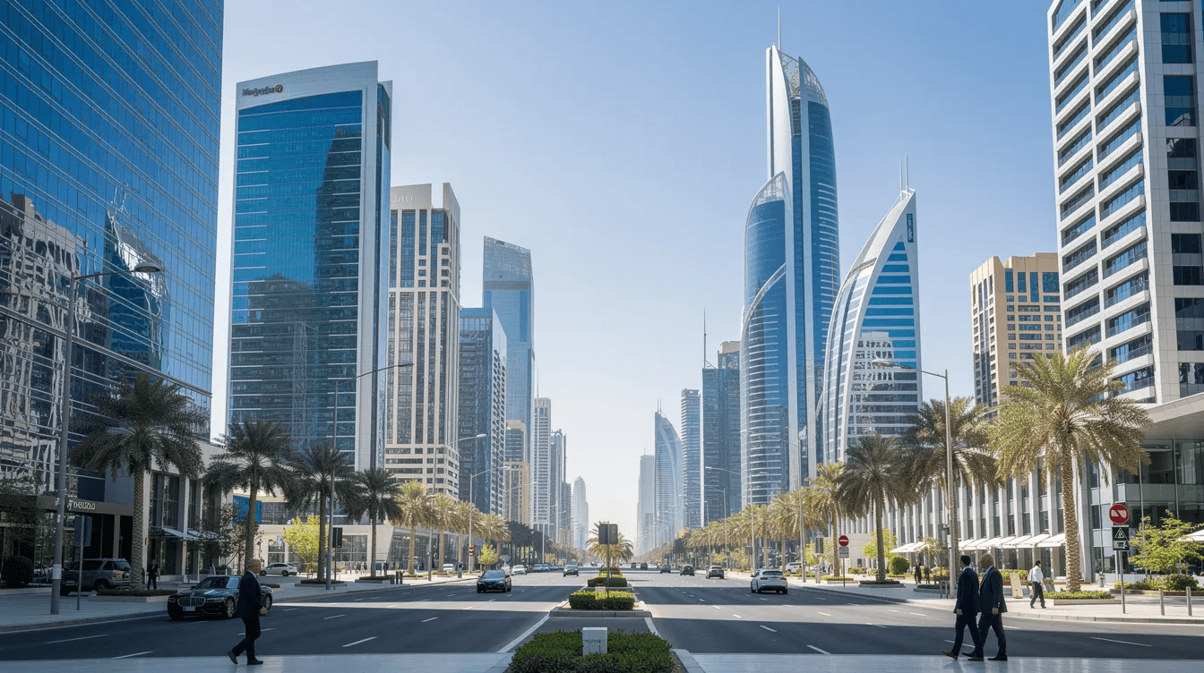 The image depicts a vibrant modern business district in Dubai, showcasing sleek office towers against a clear blue sky, symbolizing the dynamic economic landscape of the UAE. This area is significant for businesses navigating the UAE corporate tax law and corporate tax registration processes.