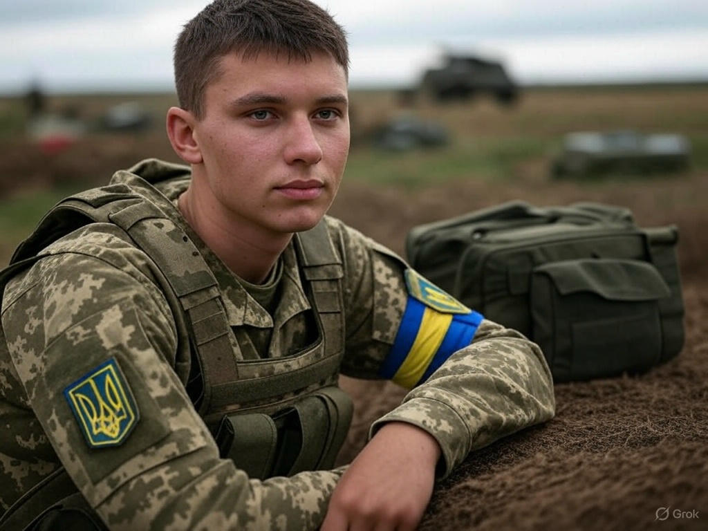 Combat medic administering aid in the field, wearing tactical gear with medical insignia.