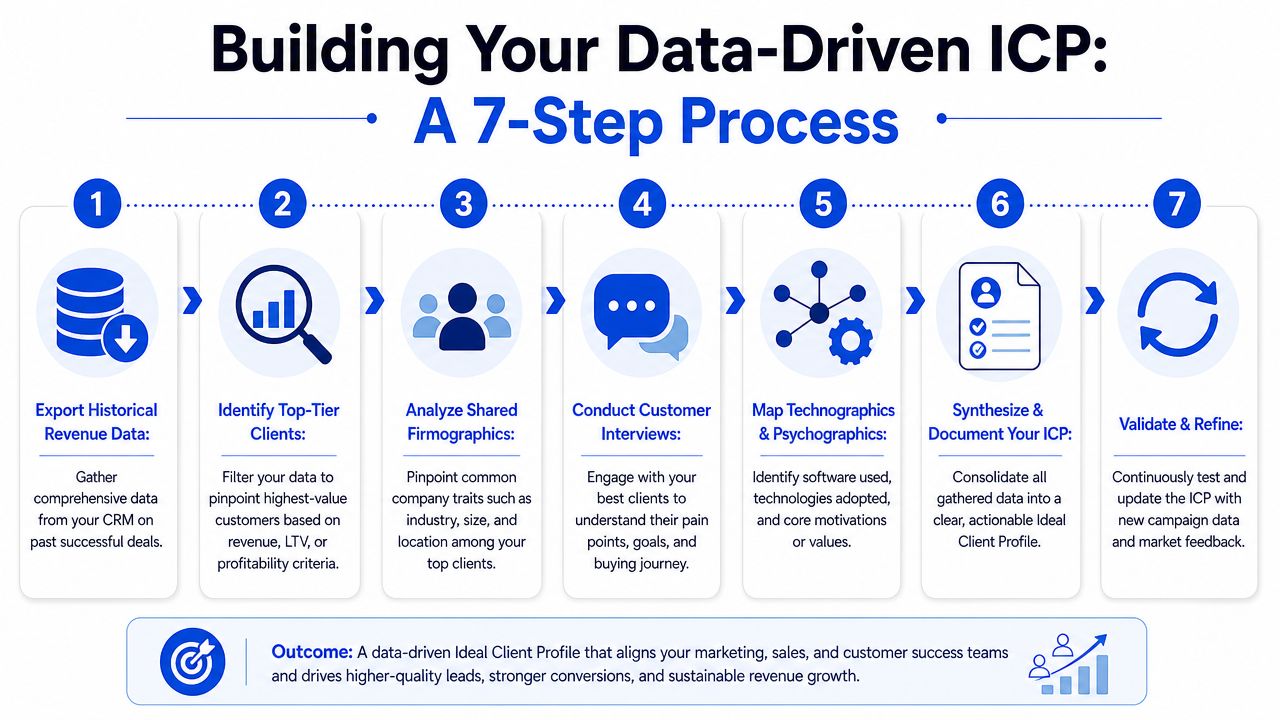 An infographic showing a 7-step process for building a data-driven Ideal Client Profile for businesses.
