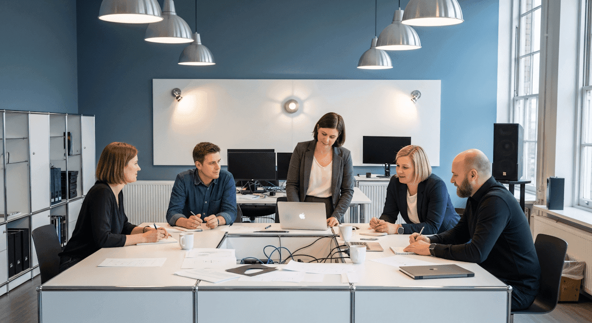 Five business professionals having a team meeting around a conference table in a modern blue office.