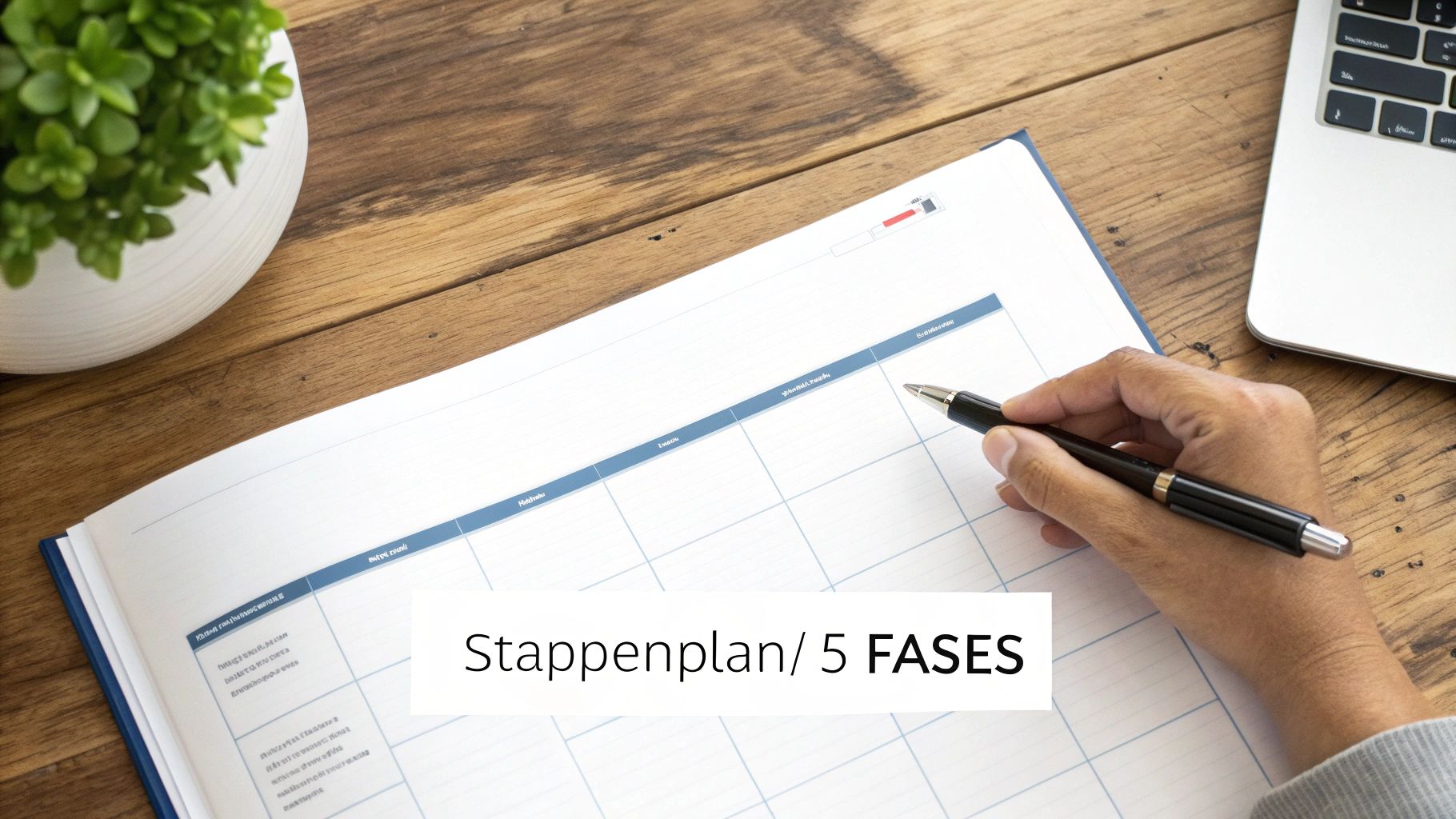 Een hand schrijft met een pen op een planner met 'Stappenplan/ 5 FASES' en een raster.