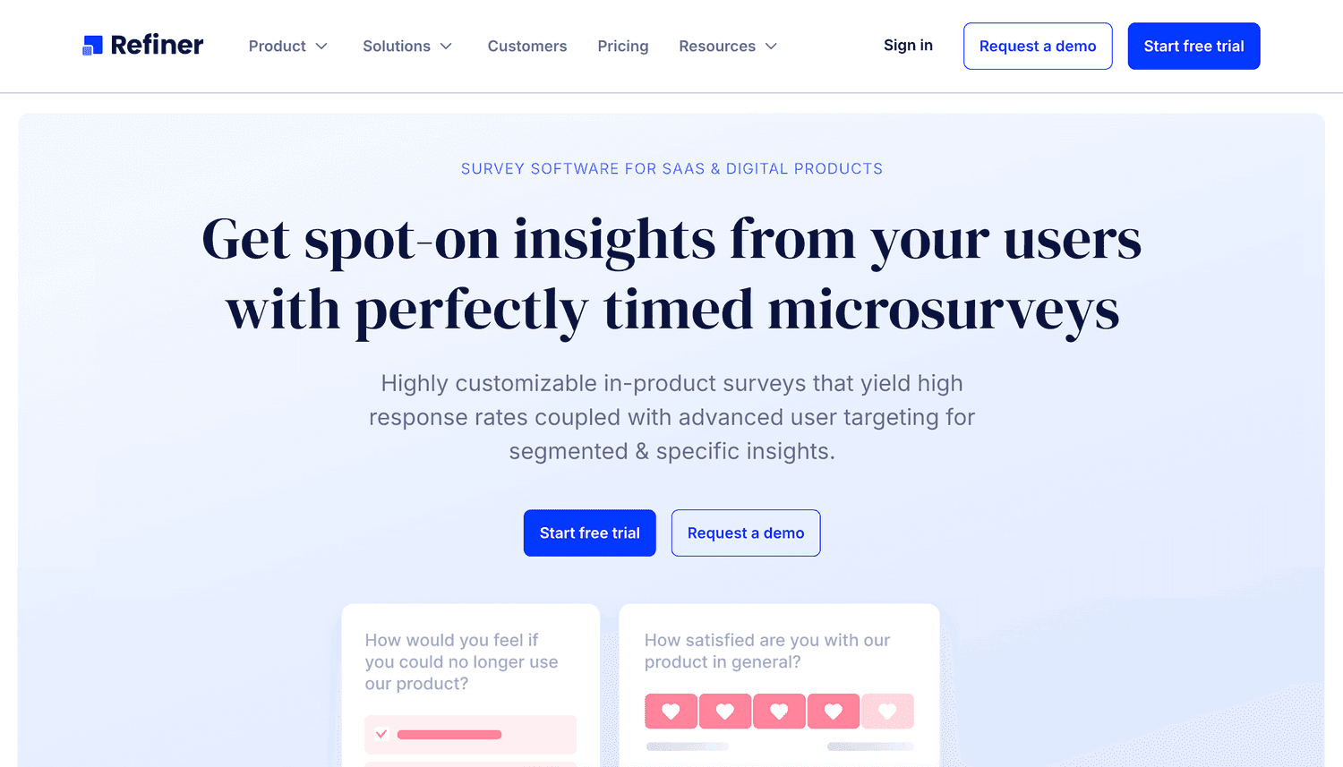 Refiner homepage: Get spot-on insights from your users with perfectly timed microsurveys