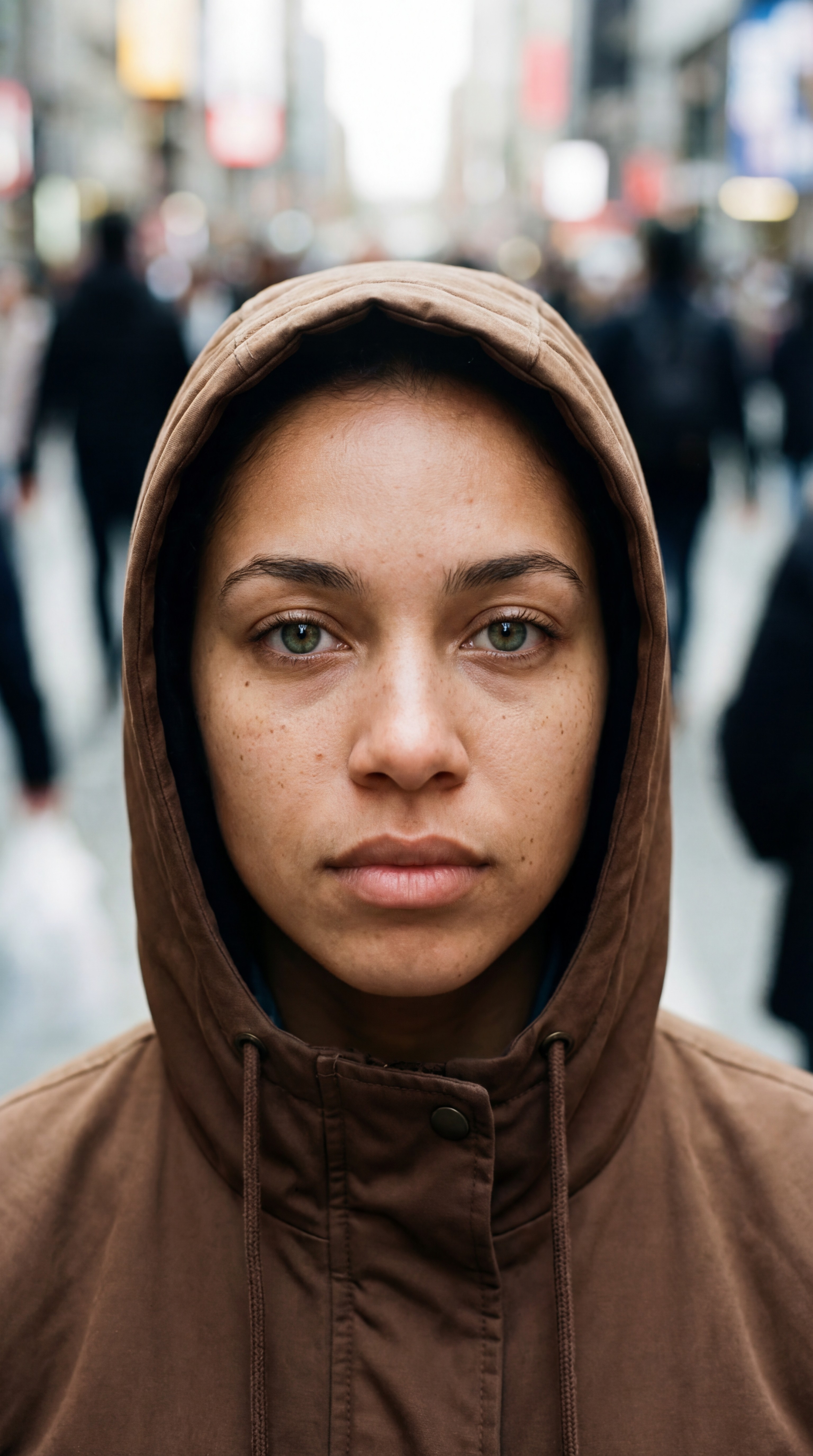 Close-up portrait of a person wearing a gray insulated hooded jacket with the hood up, showing their face framed by the hood against a light background.