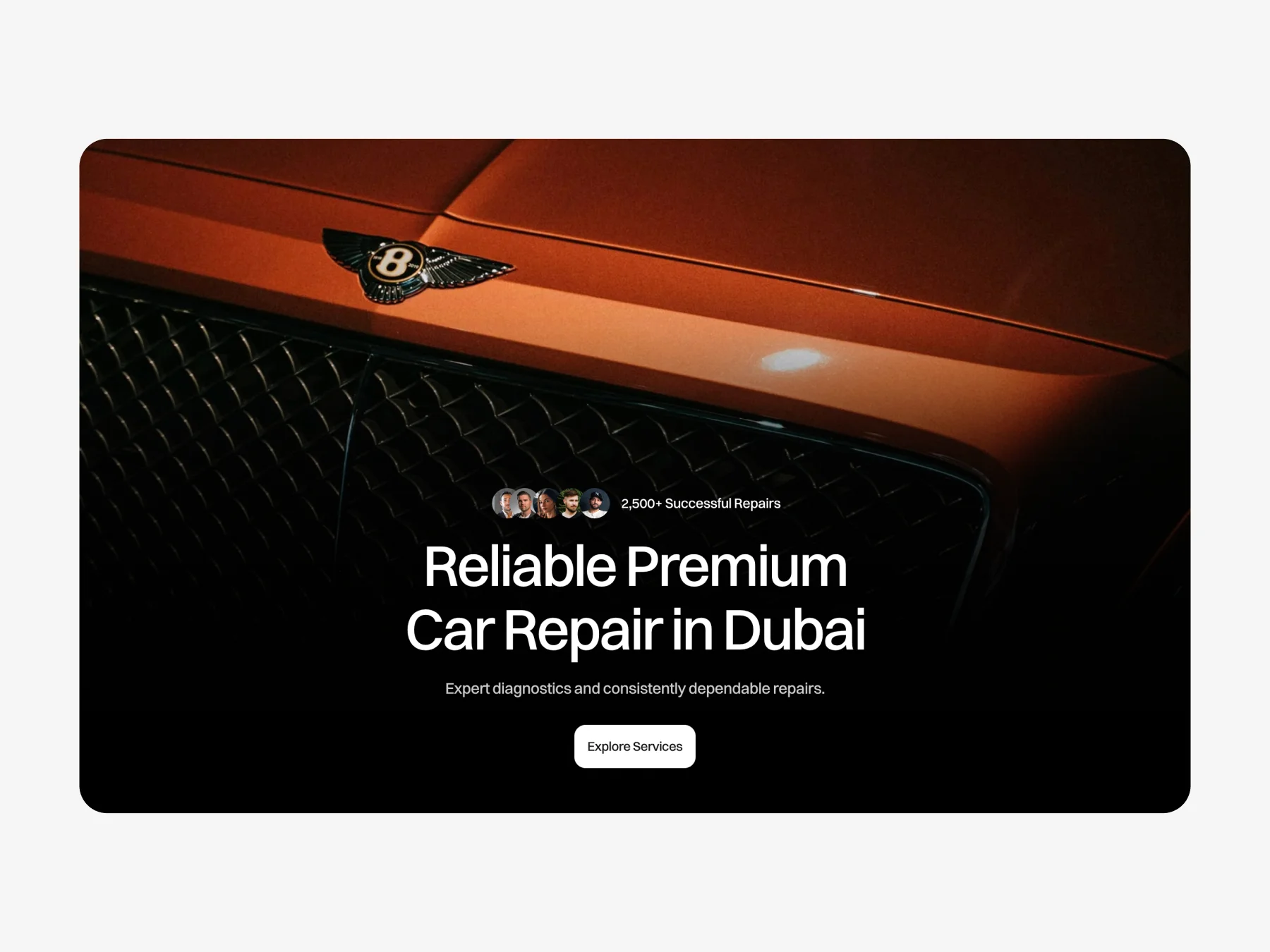 Motorium car repair website template homepage with service call to action, automotive repair branding, and vehicle front grille hero image for auto service businesses.