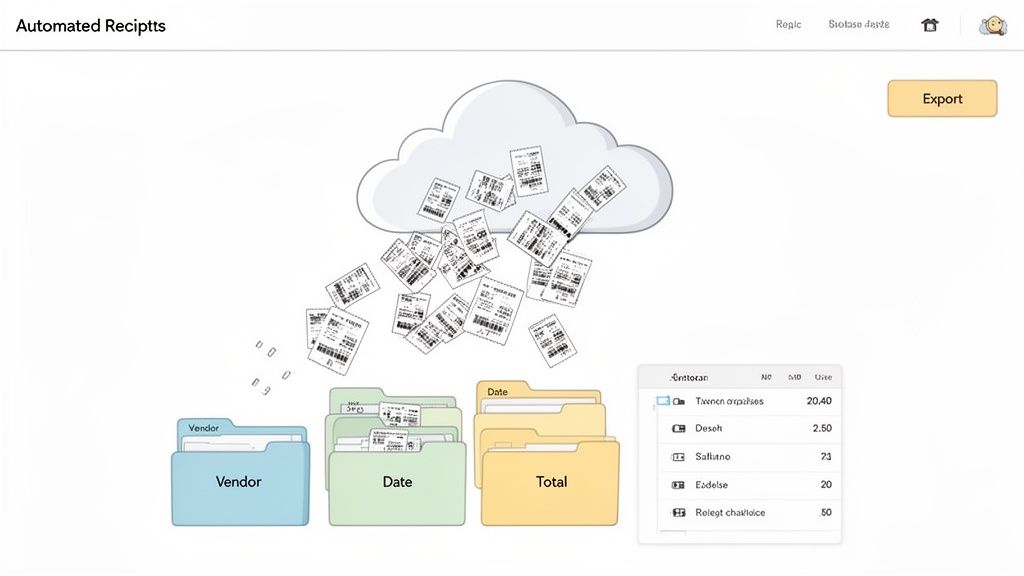 Automated receipt management system, with digital receipts flowing from a cloud into vendor, date, and total folders.
