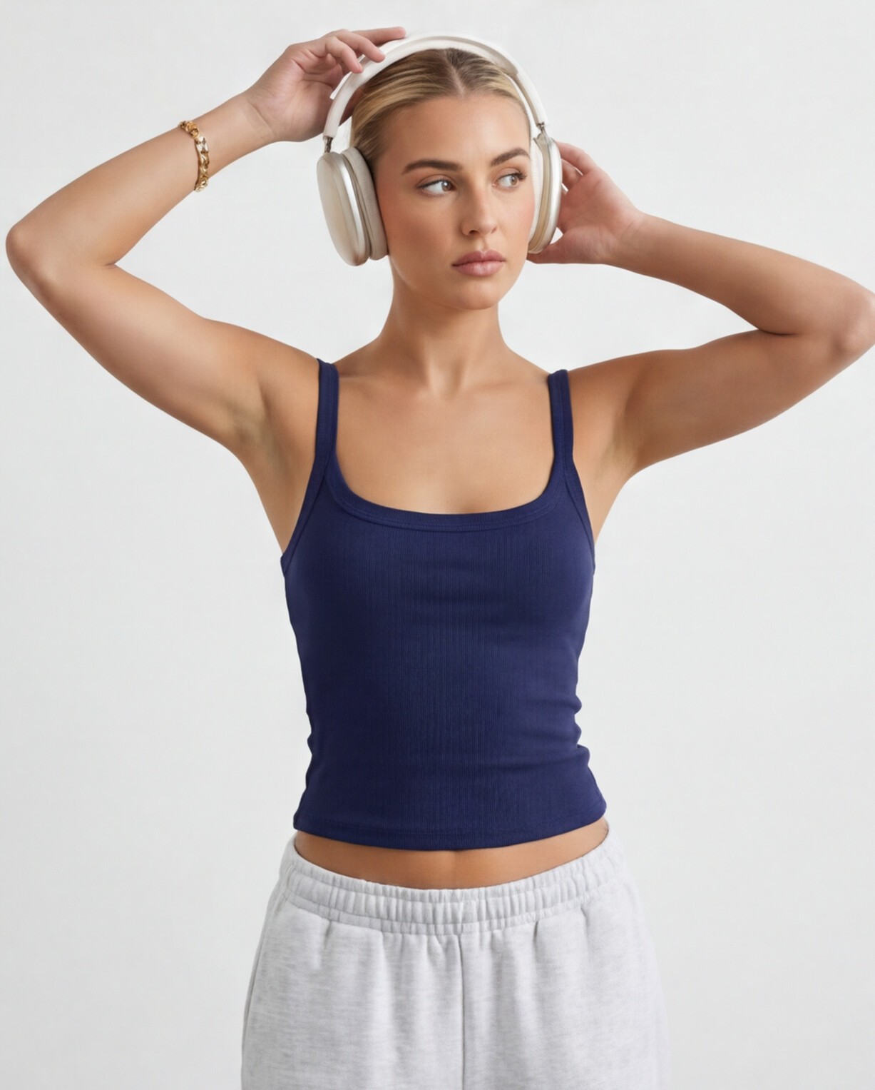 Navy Ribbed Tank with White Jogger Pants