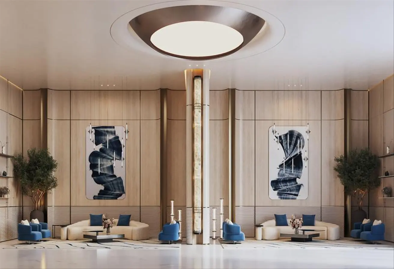 Luxurious lobby interior of Binghatti Skyhall featuring modern furniture and artistic decor in Dubai.