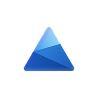 Blue gradient triangular logo with layered geometric design.