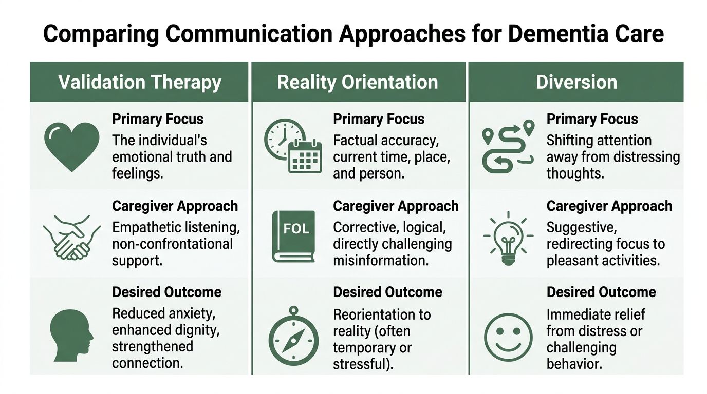 A comparison chart outlining communication strategies for dementia care: Validation Therapy, Reality Orientation, and Diversion techniques.