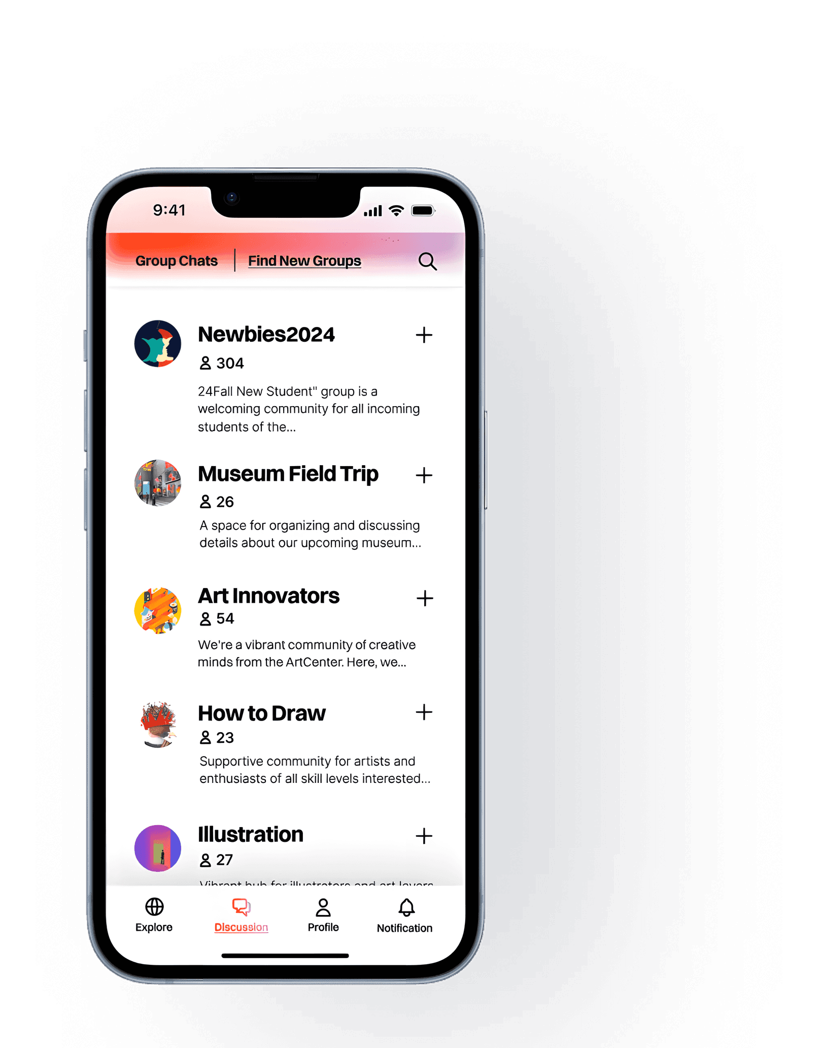 Original high-fidelity Synergy find new groups screen from the Figma prototype.