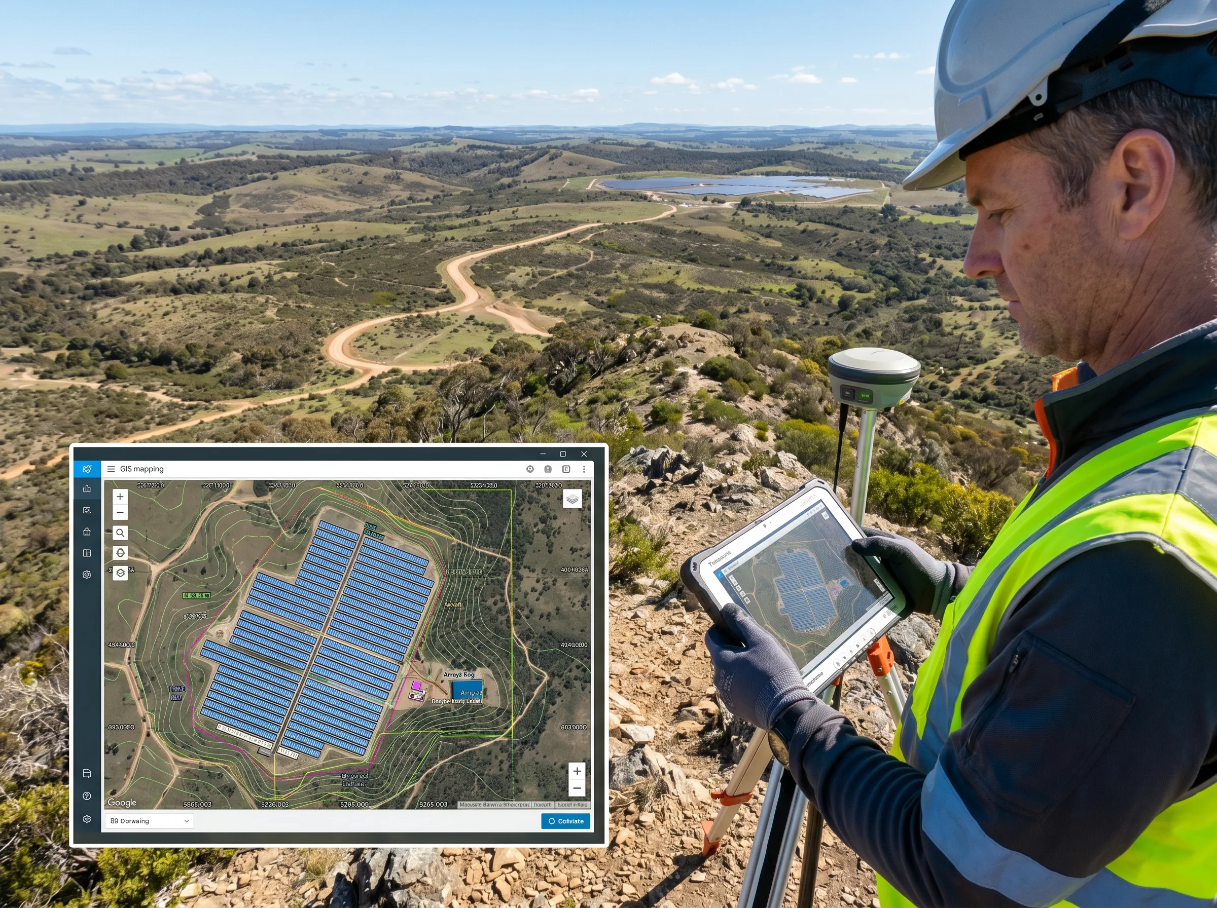 Technician in safety gear using a surveying device and tablet displaying a solar farm layout map on a hillside site.