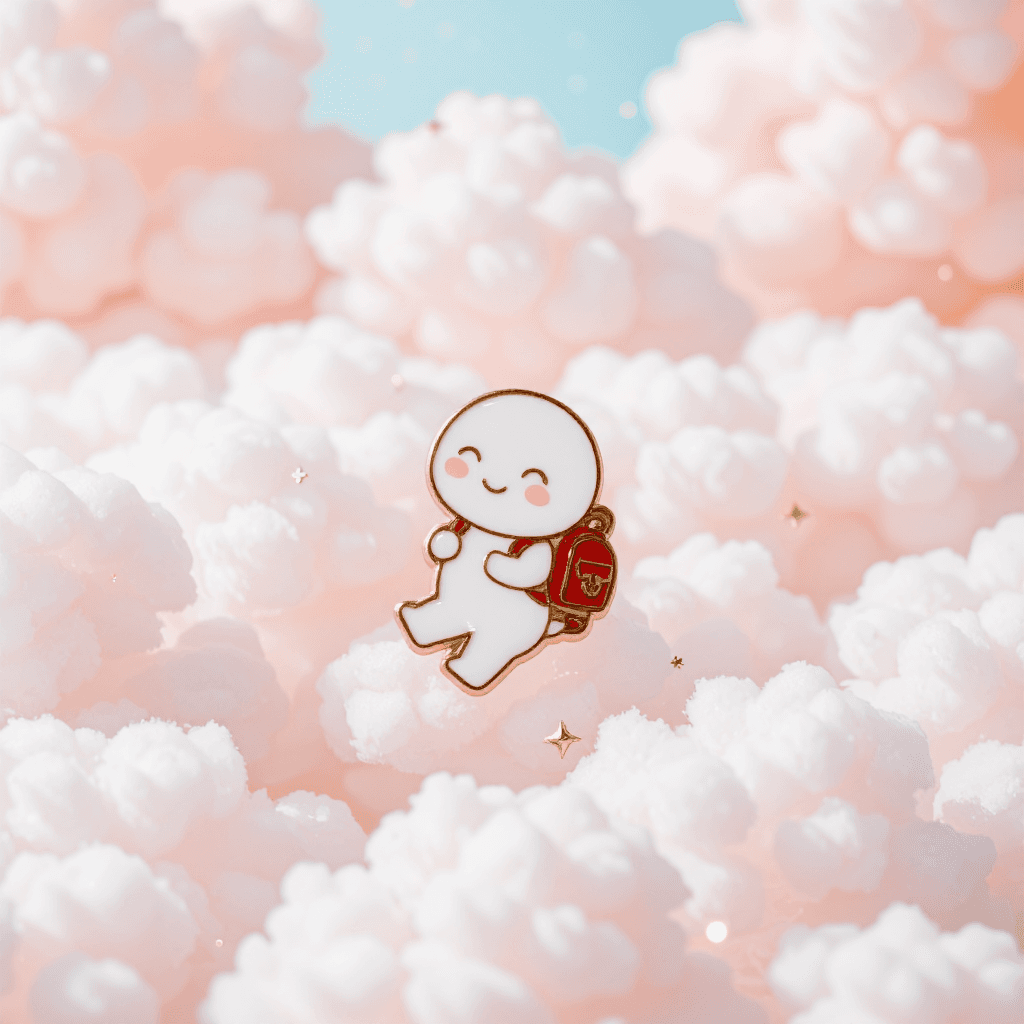 product photography of a cute enamel pin featuring a character with a backpack
