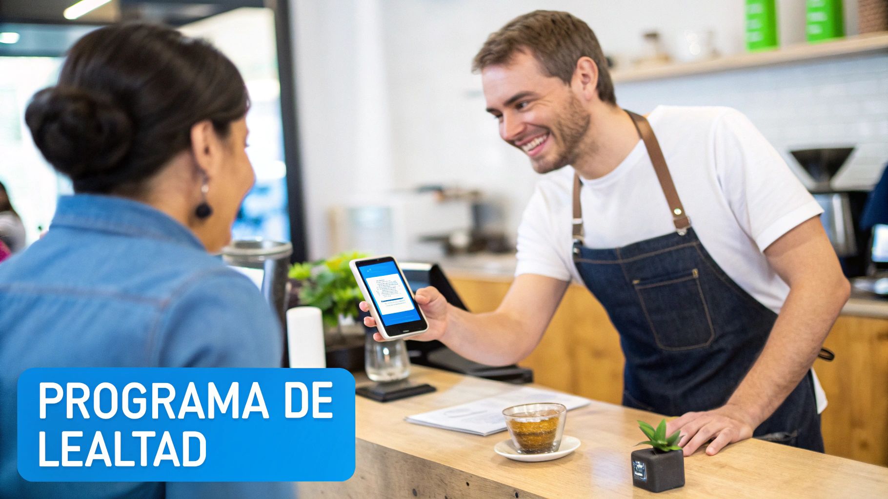 Un barista sonriente muestra un programa de lealtad en su móvil a una clienta en una cafetería.
